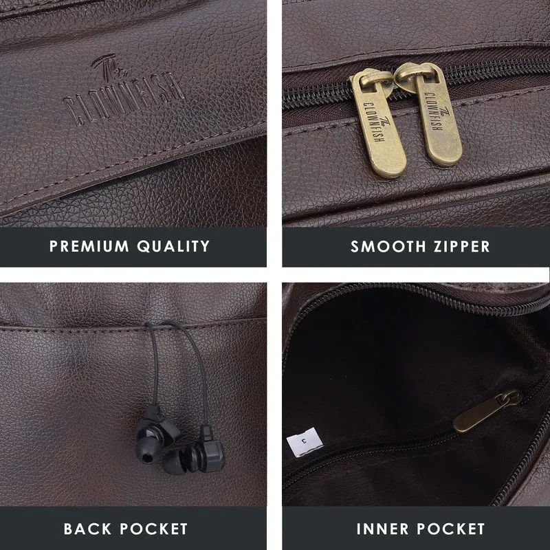 THE CLOWNFISH Della Series Faux Leather Messenger Bag - Adjustable Strap, Water Resistant | One Compartment | Dark Brown
