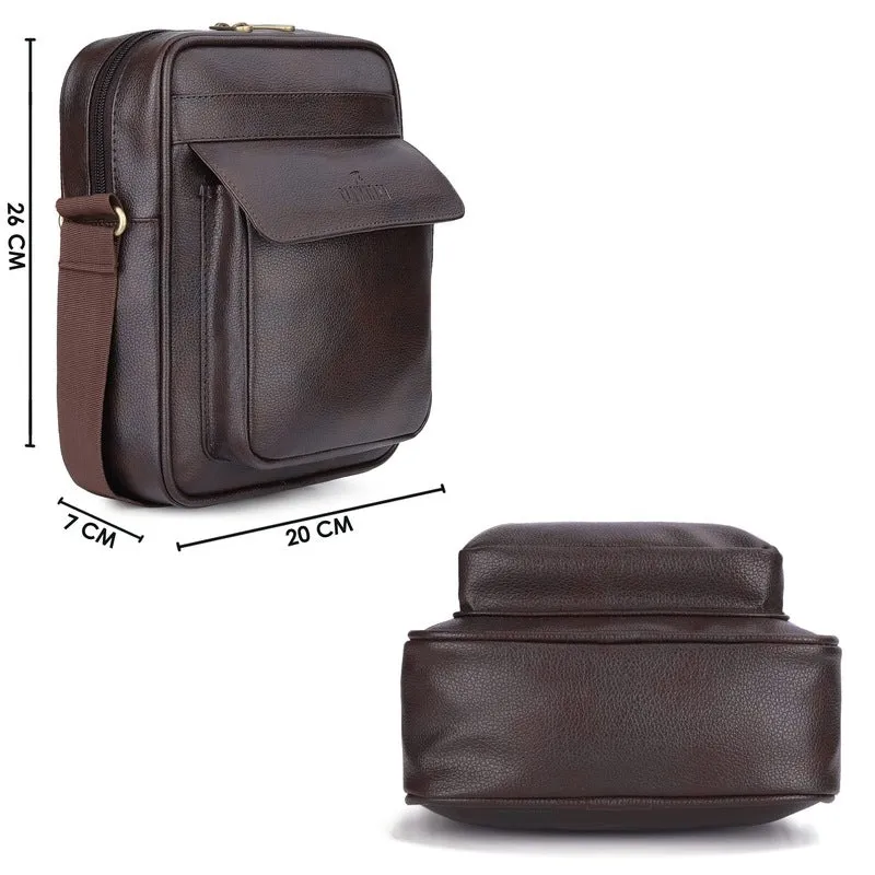 THE CLOWNFISH Della Series Faux Leather Messenger Bag - Adjustable Strap, Water Resistant | One Compartment | Dark Brown