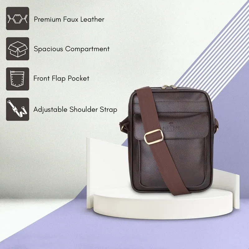 THE CLOWNFISH Della Series Faux Leather Messenger Bag - Adjustable Strap, Water Resistant | One Compartment | Dark Brown