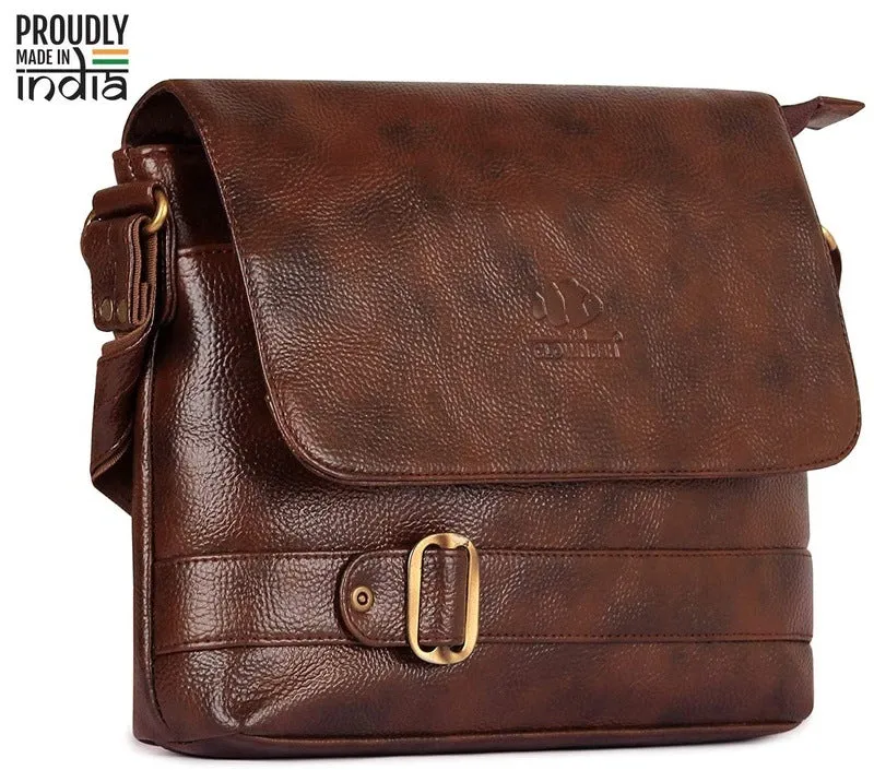 THE CLOWNFISH Eleganza Series Sling for Men & Women Melange Fabric & Faux leather Casual Unisex Single Shoulder Bag Crossbody Bag for College Girls Boys (Grey & Brown)
