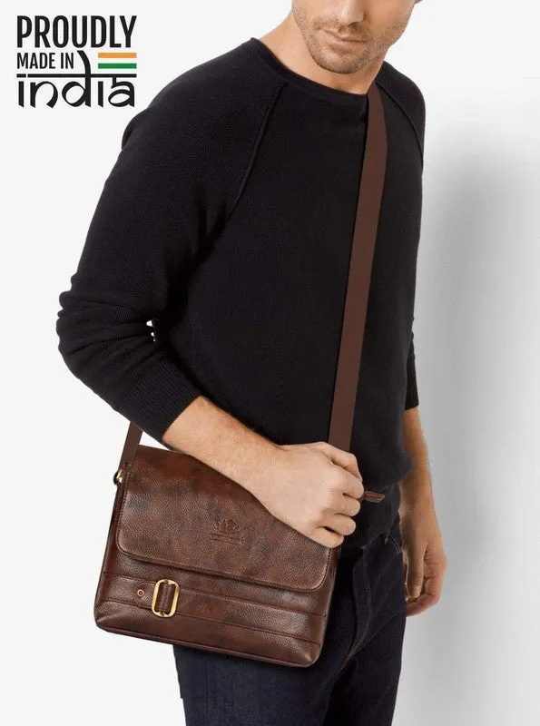 THE CLOWNFISH Eleganza Series Sling for Men & Women Melange Fabric & Faux leather Casual Unisex Single Shoulder Bag Crossbody Bag for College Girls Boys (Grey & Brown)