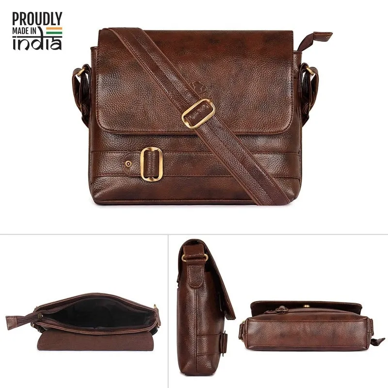 THE CLOWNFISH Eleganza Series Sling for Men & Women Melange Fabric & Faux leather Casual Unisex Single Shoulder Bag Crossbody Bag for College Girls Boys (Grey & Brown)