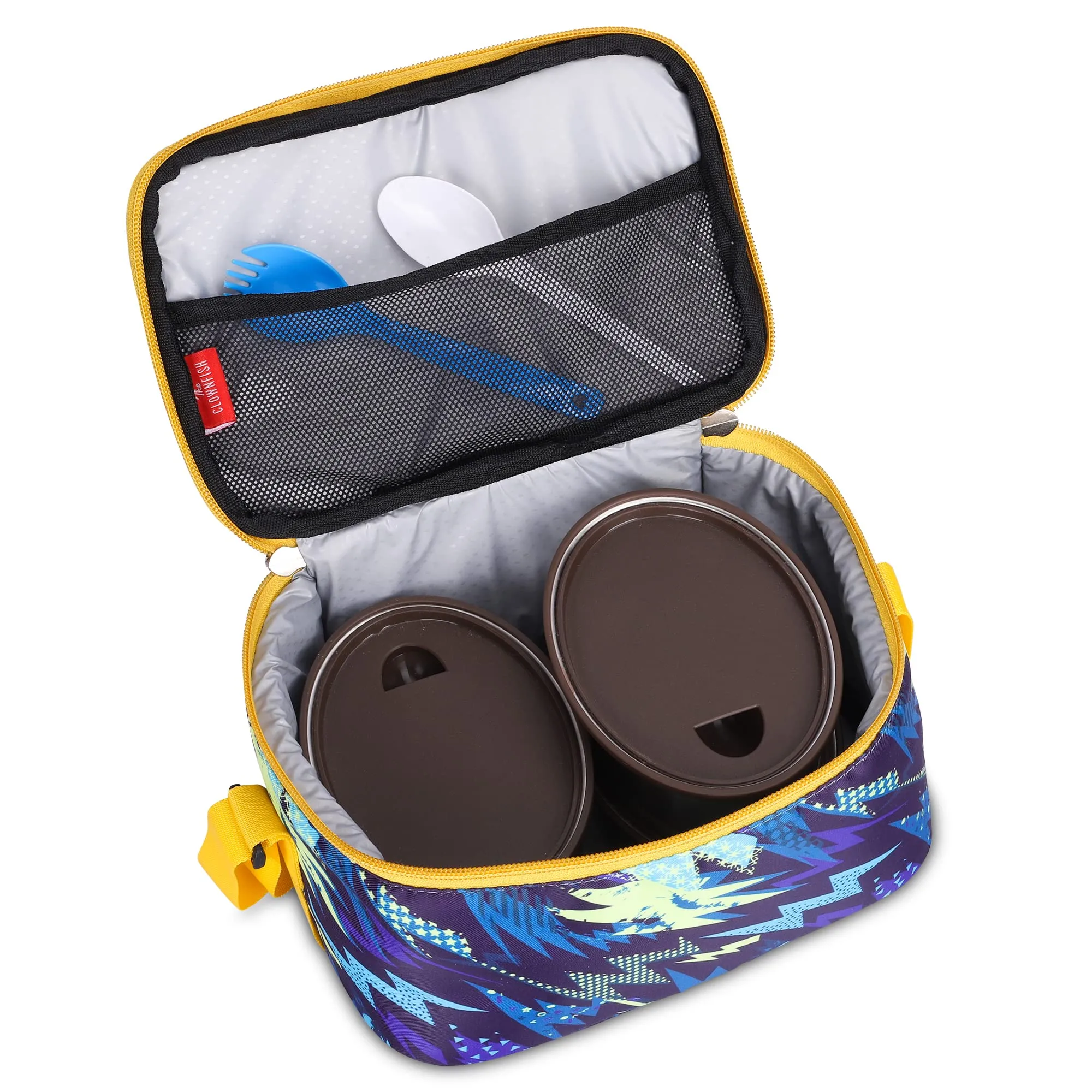 THE CLOWNFISH Snack Attack Series Polyester Printed Tiffin Carry Bag Lunch Bag Lunch Box Carrier Bag for School Picnic Travel Food Storage Bag (Blue)