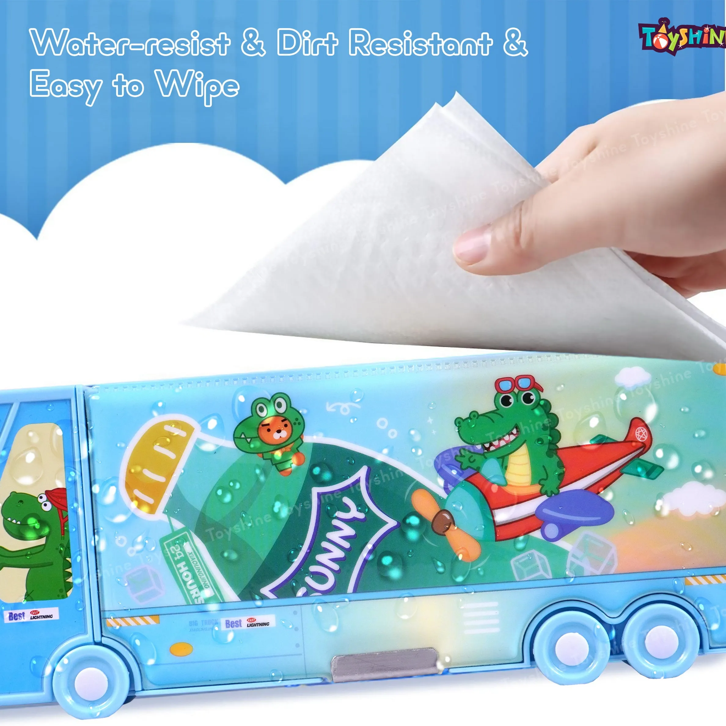 Toyshine Flying Dino Double Compartment Bus Pencil Box with Moving Tyres Button Enabled Storages and Sharpner for Kids - Blue