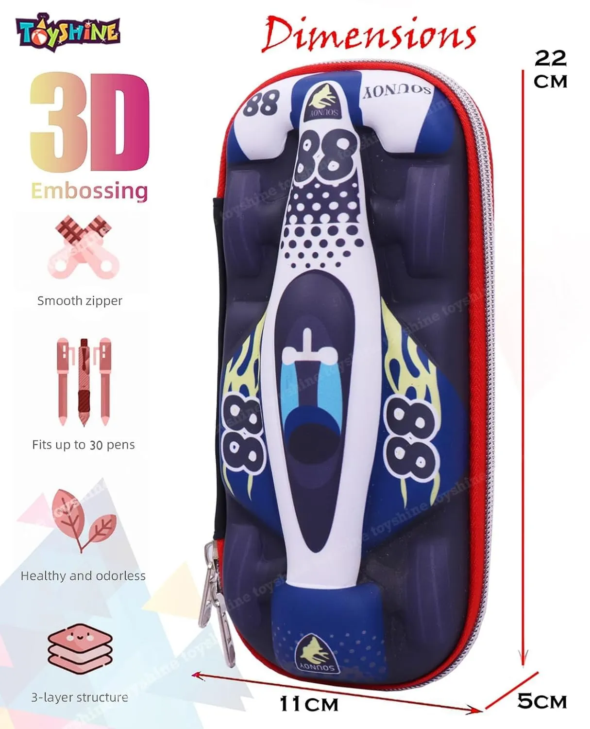 Toyshine Racing Car Design Hardtop Pencil Case Kids Large Capacity School Supply Organizer Students Stationery Box Girls Boys Pen Pouch - Blue