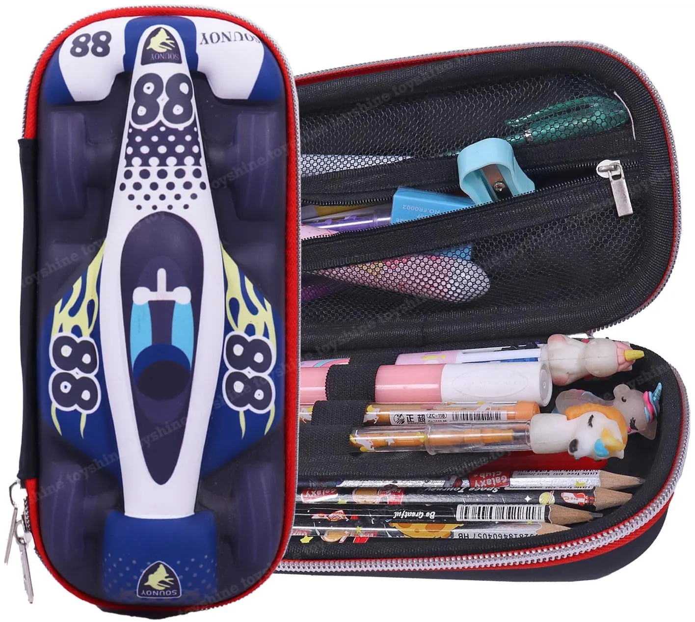 Toyshine Racing Car Design Hardtop Pencil Case Kids Large Capacity School Supply Organizer Students Stationery Box Girls Boys Pen Pouch - Blue