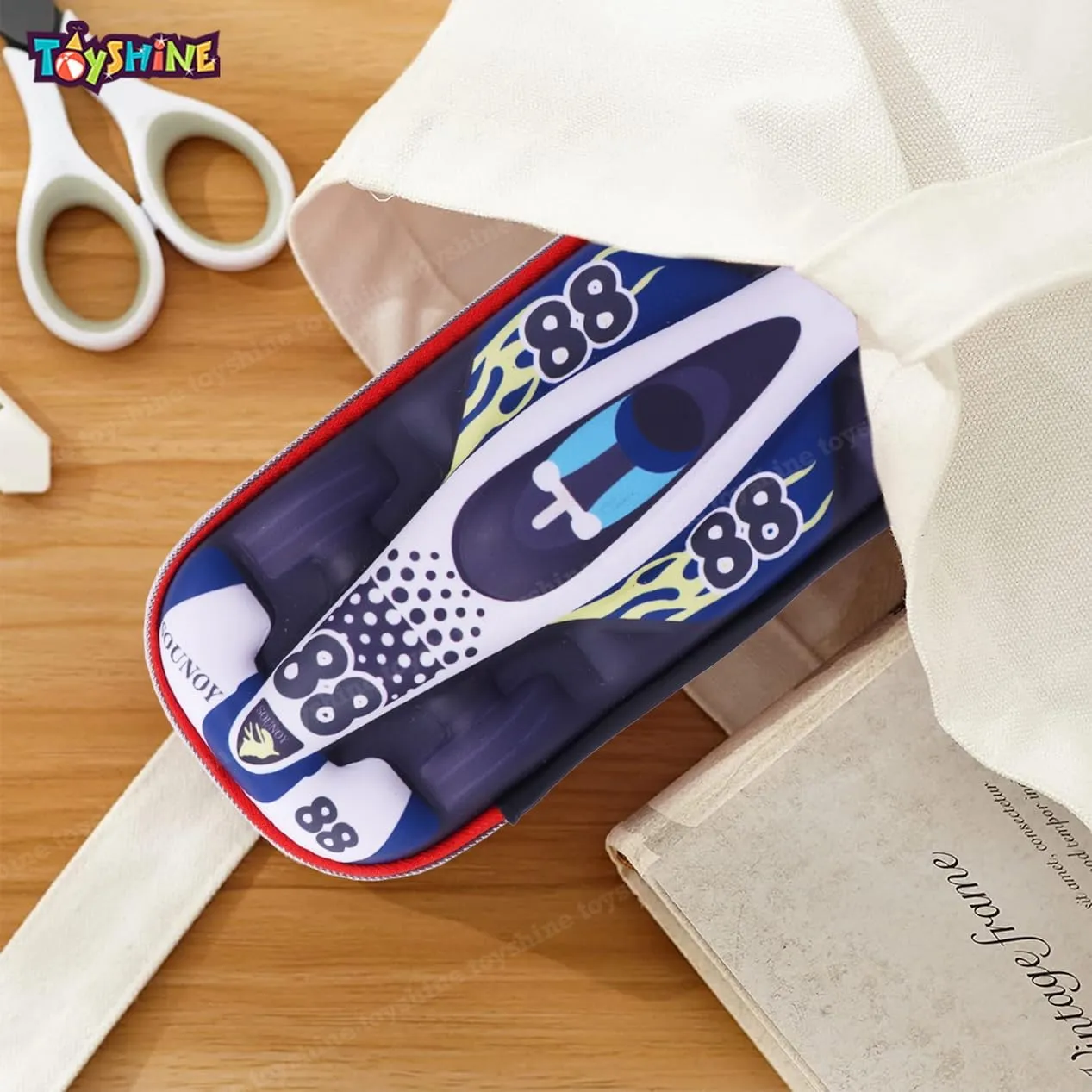 Toyshine Racing Car Design Hardtop Pencil Case Kids Large Capacity School Supply Organizer Students Stationery Box Girls Boys Pen Pouch - Blue