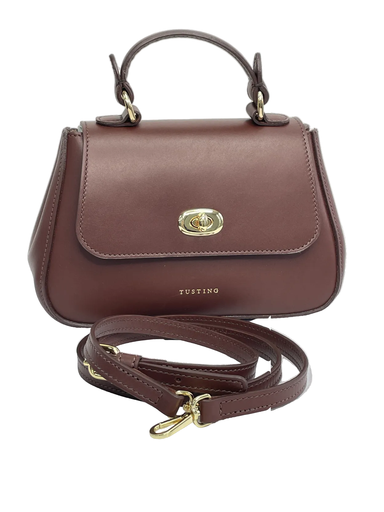 Tusting Handmade in England Brown Leather Mini Holly Crossbody Bag With Top Handle
