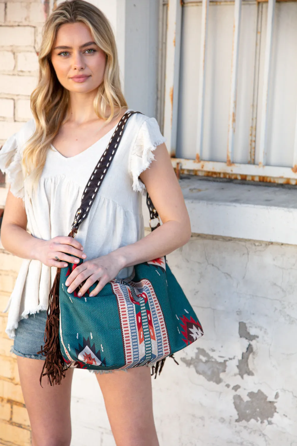 Weekender Sapphire Aztec Tweed Tassel Strap Tote (dropship)