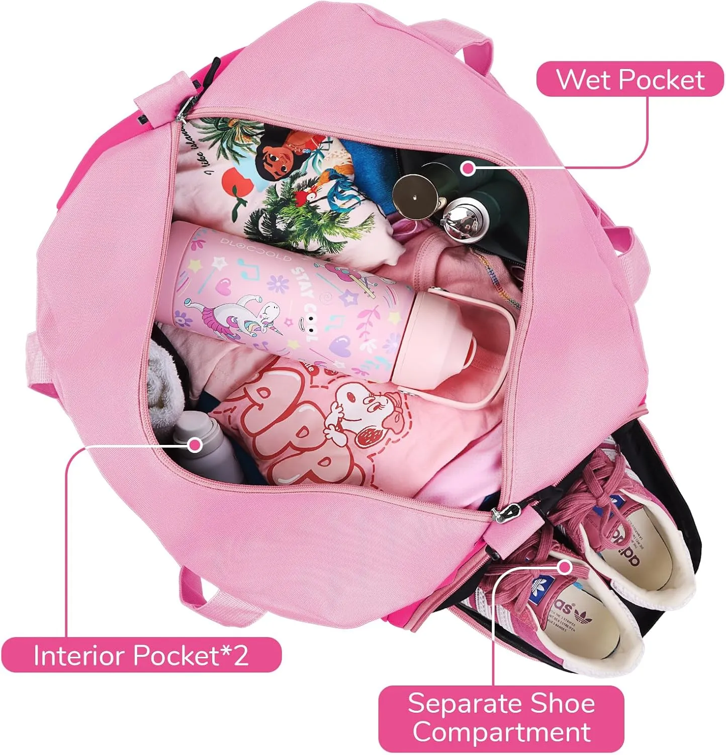 WOOMADA Kids Duffle Bag for Boys or Girls, Kids Overnight Bag with Shoe CompartmentWet Pocket, Ideal for School Practice, Sports, Travel(pink)