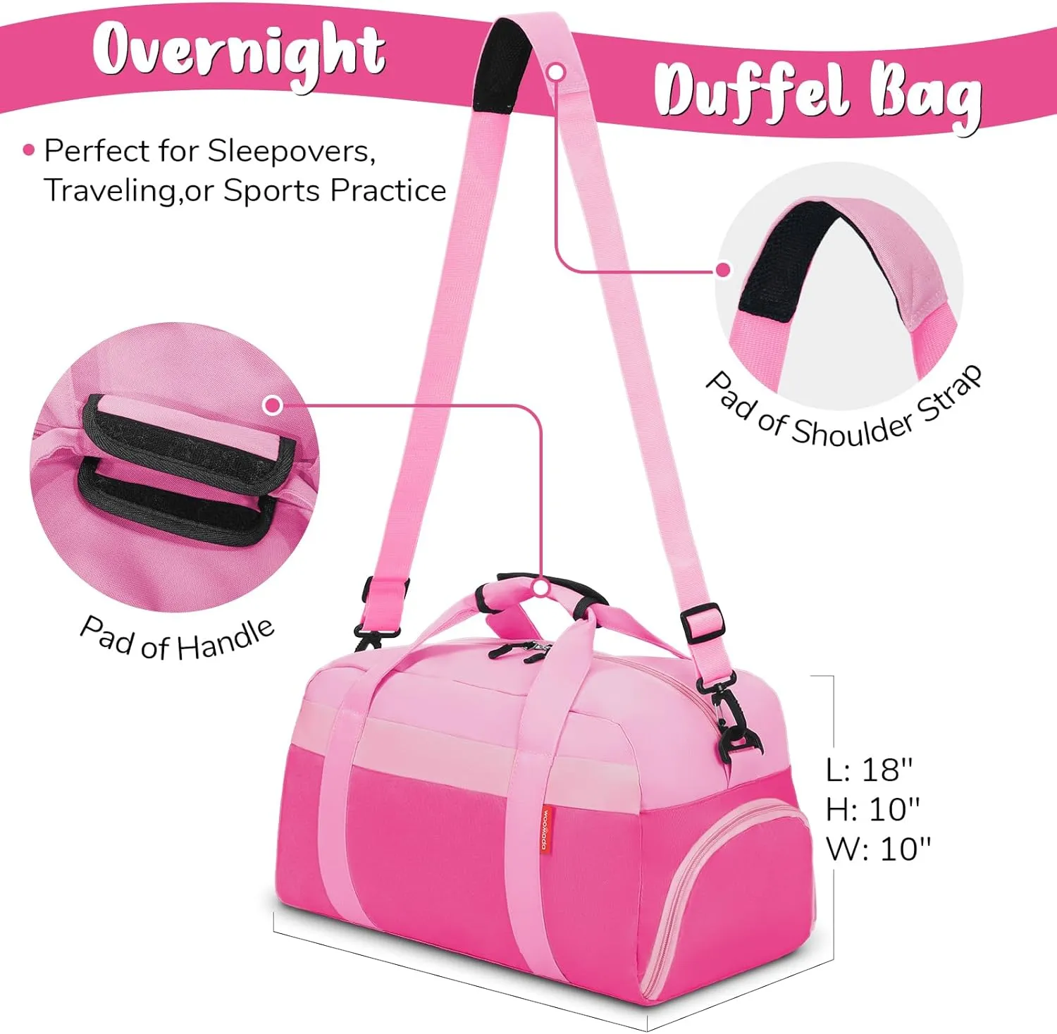 WOOMADA Kids Duffle Bag for Boys or Girls, Kids Overnight Bag with Shoe CompartmentWet Pocket, Ideal for School Practice, Sports, Travel(pink)